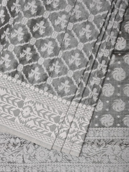 Grey Cut Work Tussar Cotton Saree with All Over Jamdani Style Design - Global Threads