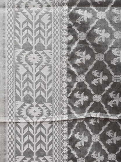 Grey Cut Work Tussar Cotton Saree with All Over Jamdani Style Design - Global Threads