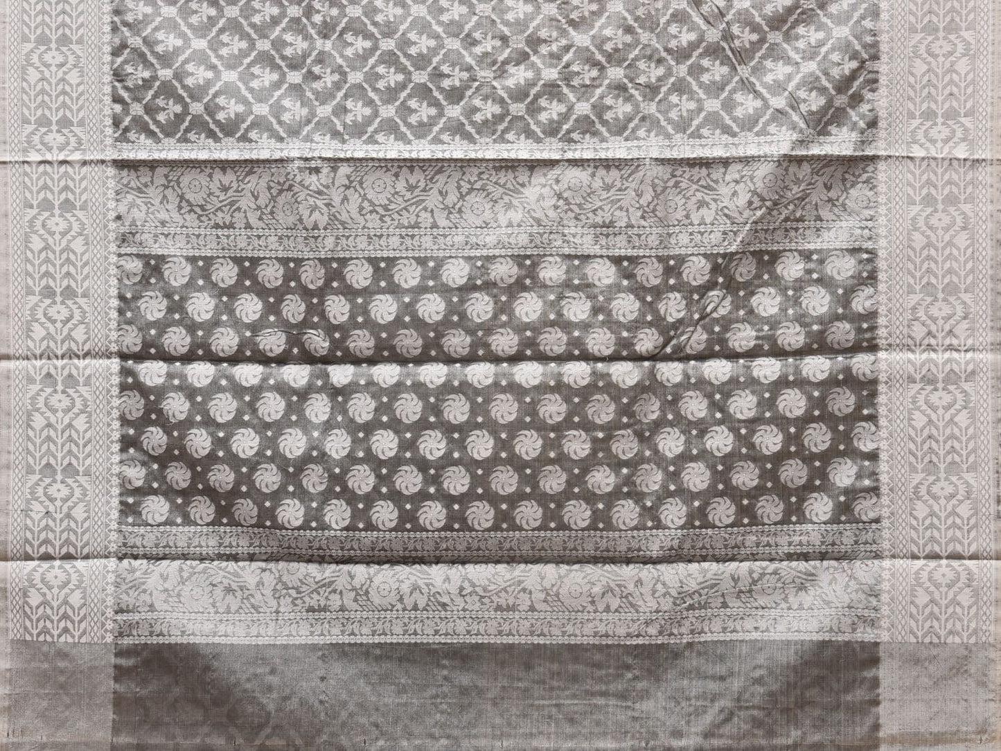 Grey Cut Work Tussar Cotton Saree with All Over Jamdani Style Design - Global Threads