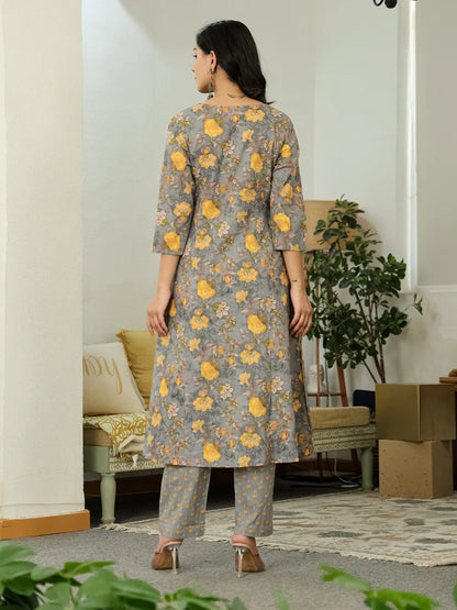 Yufta Grey Floral Print ALine Kurta Trouser Dupatta Set