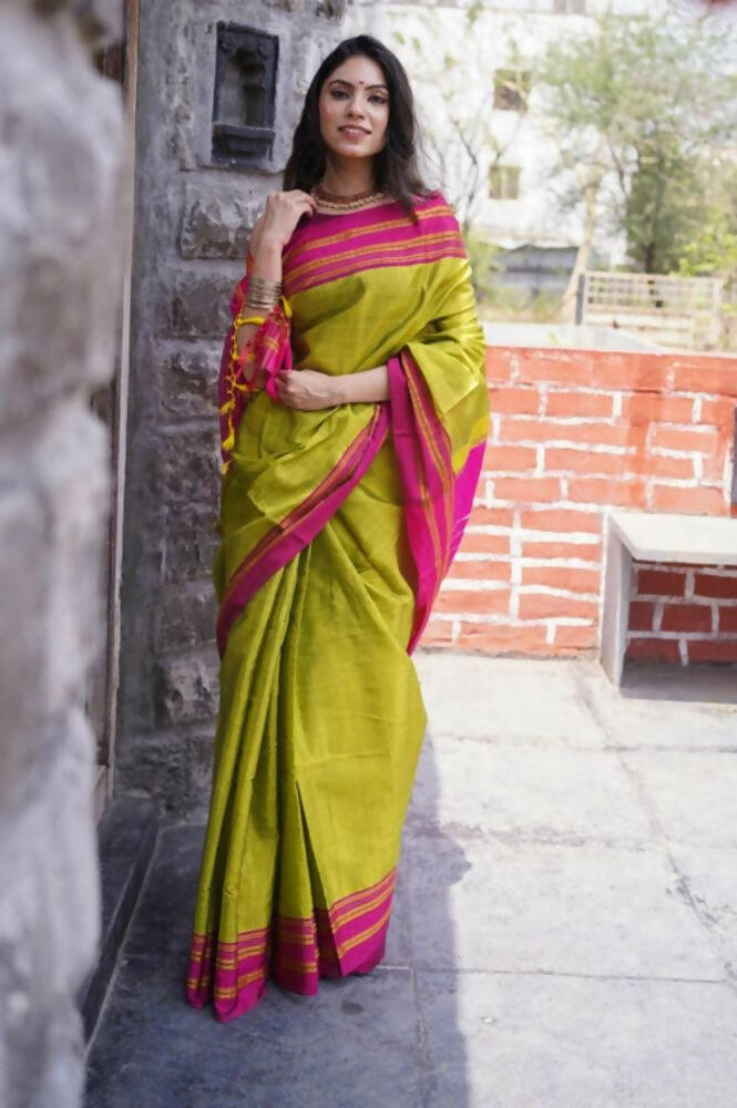 Very Much Indian Handloom Cotton Viscose Ilkal Saree - Bright Green
