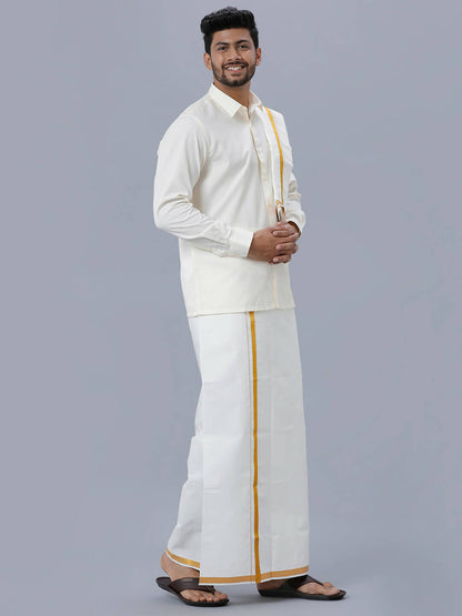 Ramraj Cotton Premium Wedding Cream Readymade Dhoti, Shirt & Towel Set Dhanvanthri