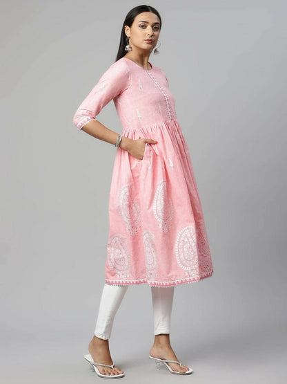 Ahalyaa Womens Pink Pure Cotton Printed Kurtas