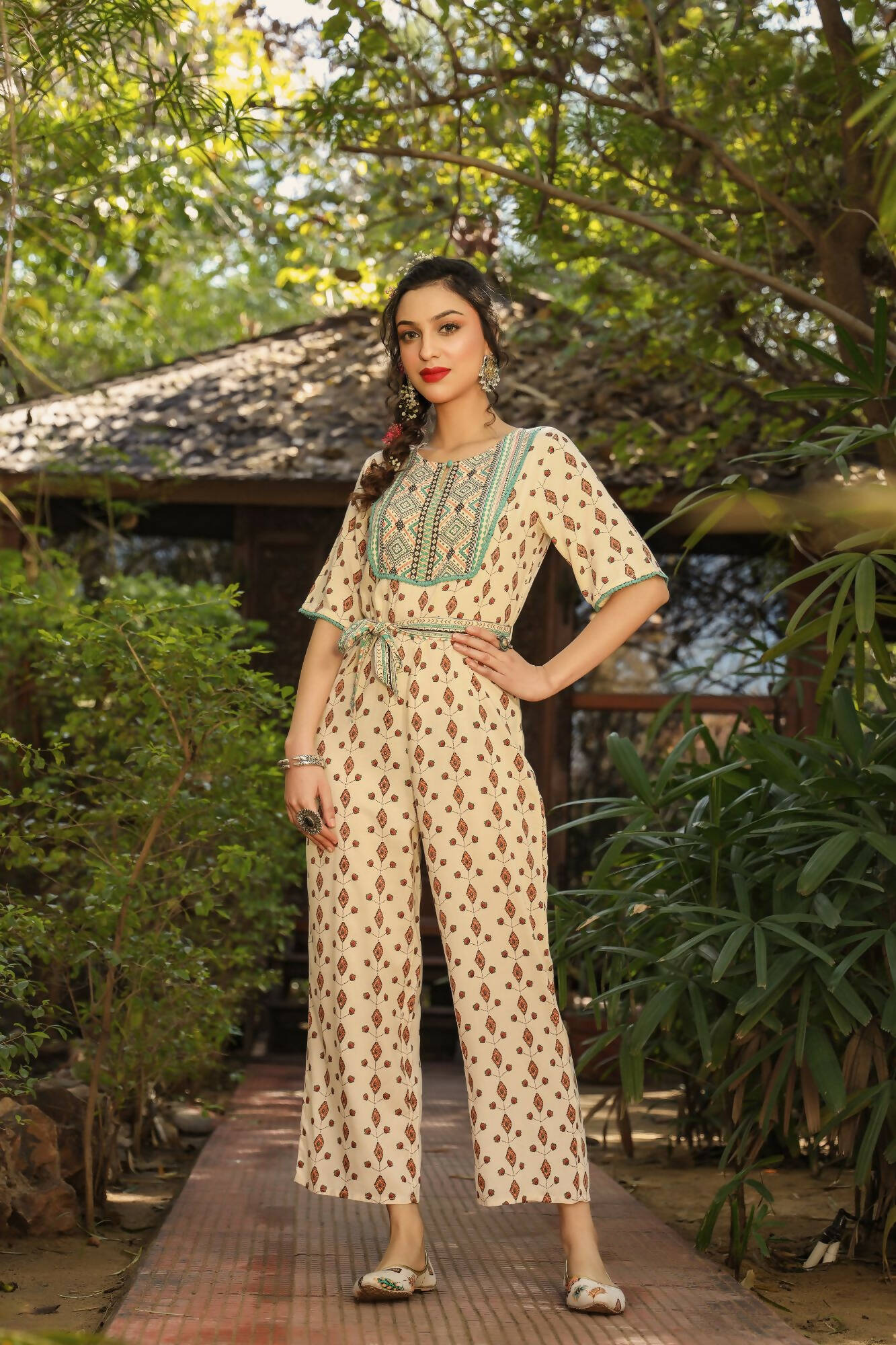 Juniper Women Ivory Rayon Printed Straight Jumpsuit