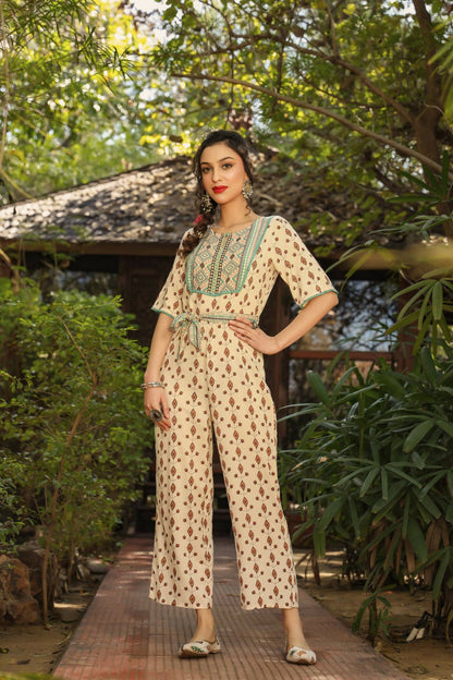 Juniper Women Ivory Rayon Printed Straight Jumpsuit