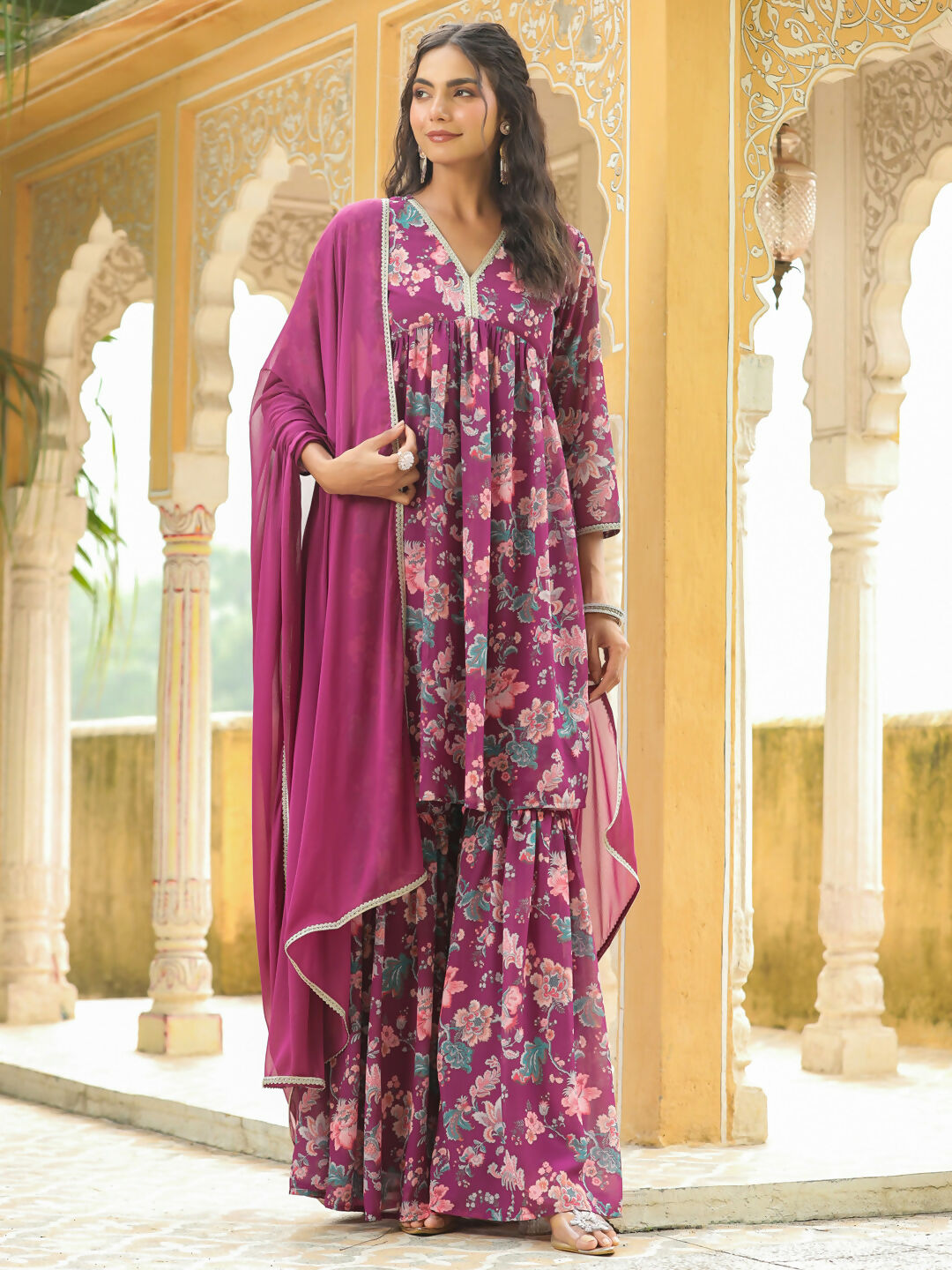 Janasya Purple Georgette Floral Kurta,Bottom & Dupatta