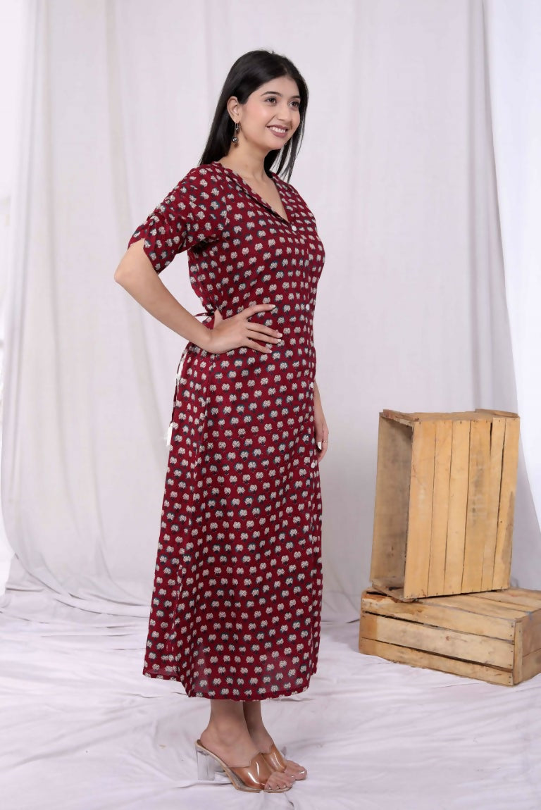 Miravan Women's Relaxed Fit Red Floral Printed A-Line Pure Cotton Midi Dress