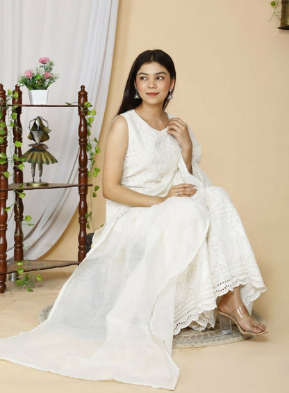 Miravan Women's Beige Embroidered Chikankari Pure Cotton Kurti With Sharara And Dupatta