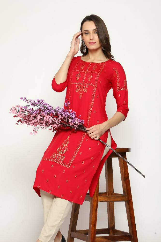 Maai Rayon Hand Printed Kurta Red