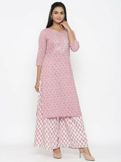 Miravan Women's Cotton Floral Print Straight Kurta And Palazzo Set