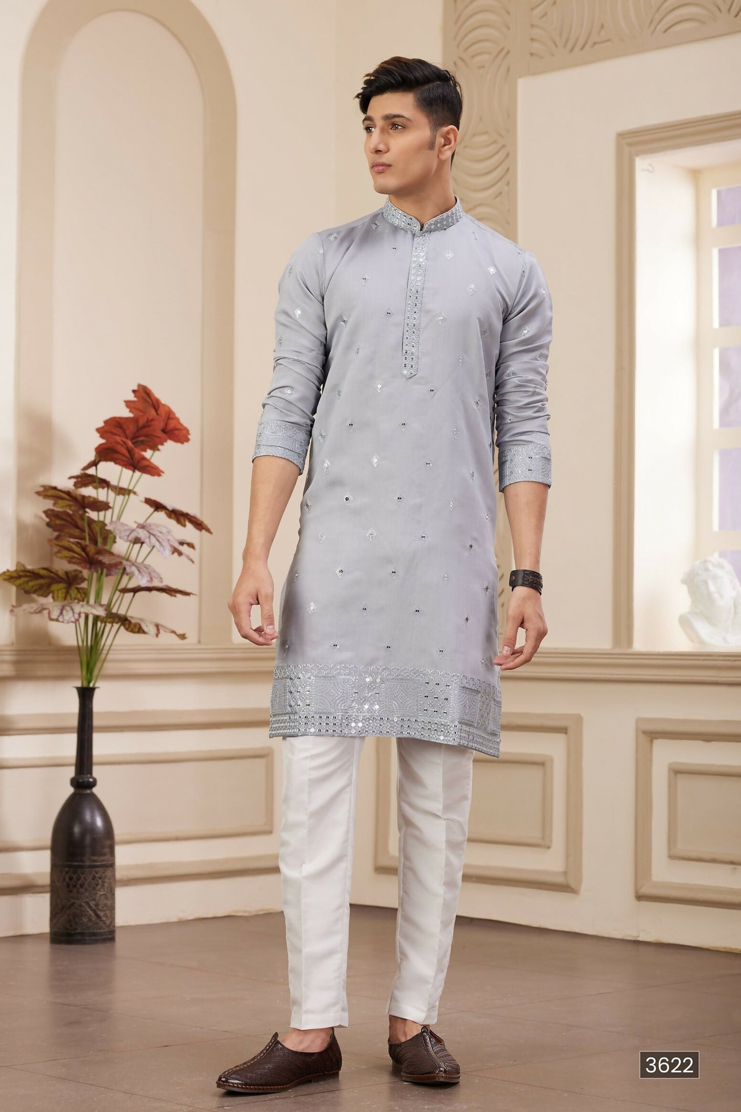 Raivat Ethnic Men's Art Silk Thread Work Kurta Pyjama In Light Grey Colour