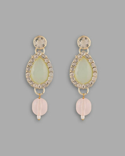 VOJ Gold-Polished Nude Pink And Mint Green Stone Studded Jewellery Set With Maang Tikka