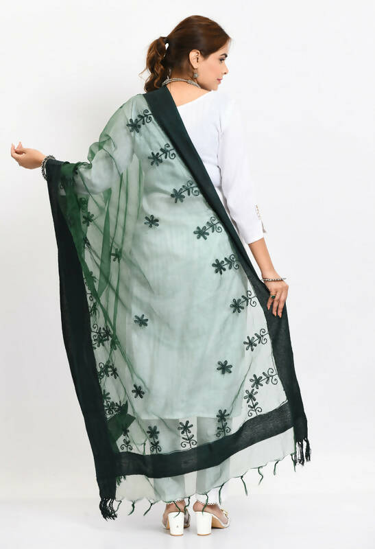 Mominos Fashion Moeza Women's Orgenza All Over Chikan Work Bottle Green Dupatta