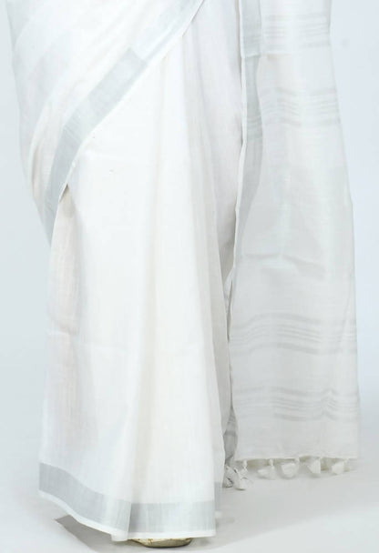 Mominos Fashion Moeza Bhagalpuri Handloom Silk White Saree