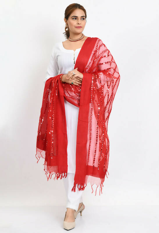 Mominos Fashion Moeza Women's Orgenza Mirror Stripe Thread Work Red Dupatta
