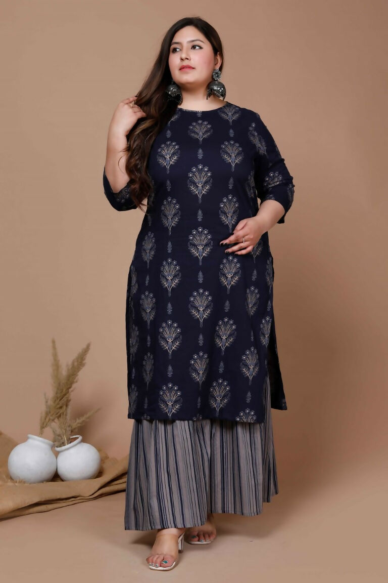 Miravan Women's Plus Size Navy Blue Printed Pure Cotton Kurta With Sharara