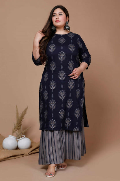 Miravan Women's Plus Size Navy Blue Printed Pure Cotton Kurta With Sharara