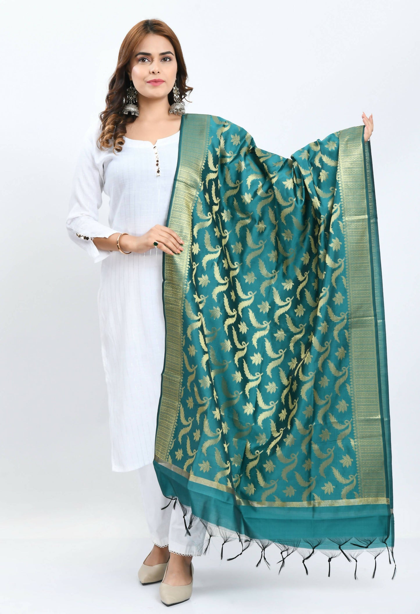 Mominos Fashion Moeza Women's Banarsi Silk Floral Woven Design Rama Green Dupatta