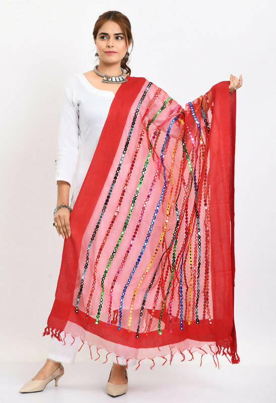 Mominos Fashion Moeza Women's Orgenza Multi Thread Mirror Work Red Dupatta