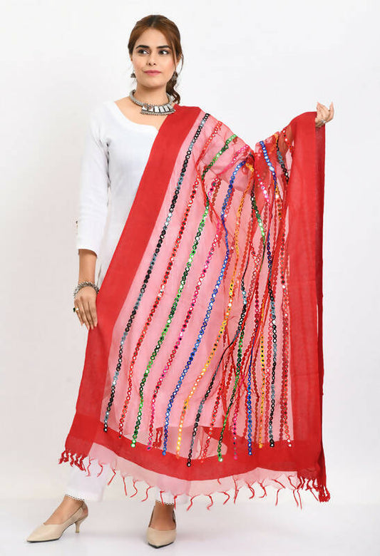 Mominos Fashion Moeza Women's Orgenza Multi Thread Mirror Work Red Dupatta