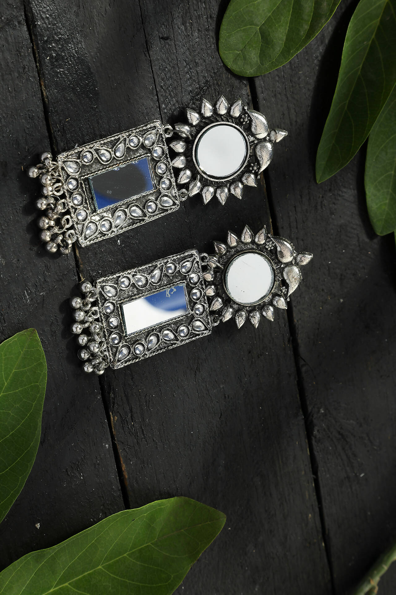 Mominos Fashion Joharkamal Silver-Plated Mirror Design Drop Earrings For Women