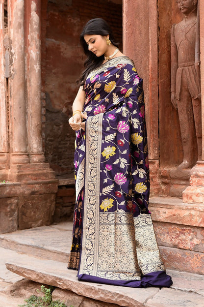 Joban Fashion Plum Purple Pure Katan Pure Handloom Banarasi Silk Saree