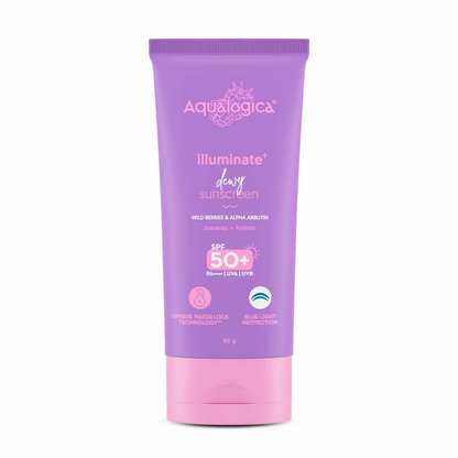Aqualogica IIIuminate + Dewy Sunscreen SPF 50 PA++++ UVA/B & Blue Light Protection No White