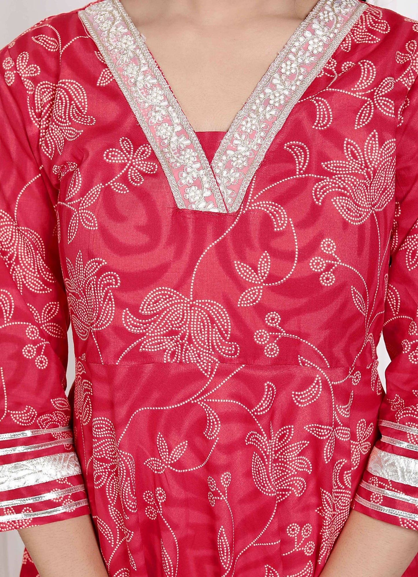 Miravan Women's Red Jaipuri Printed Cotton Ethnic Anarkali Kurta
