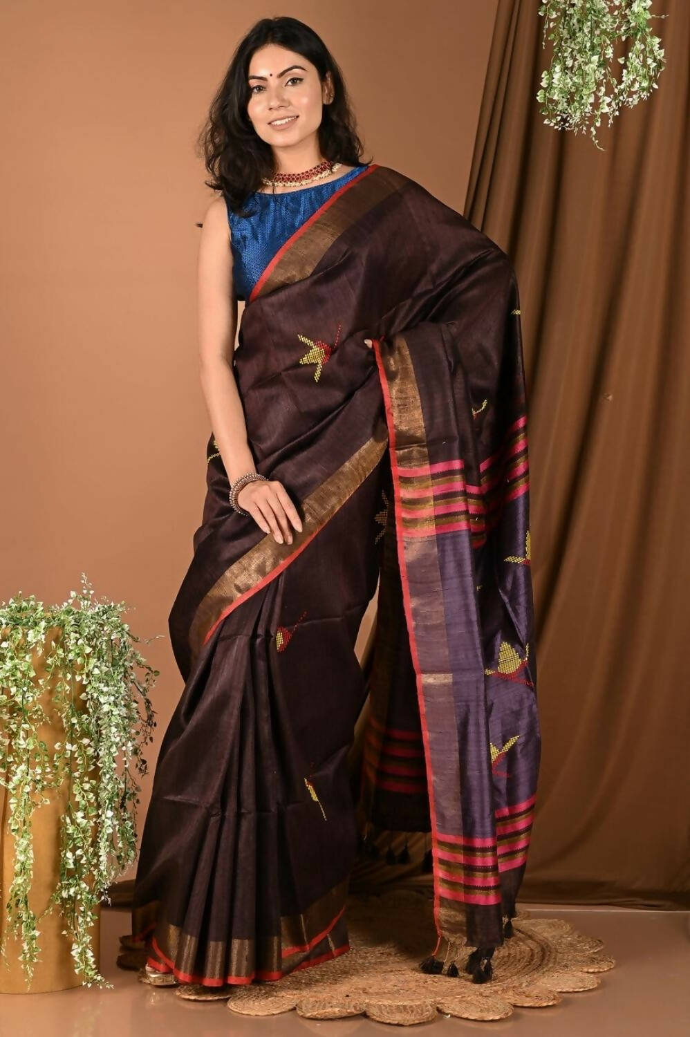 Very Much Indian Handloom Pure Dupion Silk Saree With Sleek Golden Border - Brown