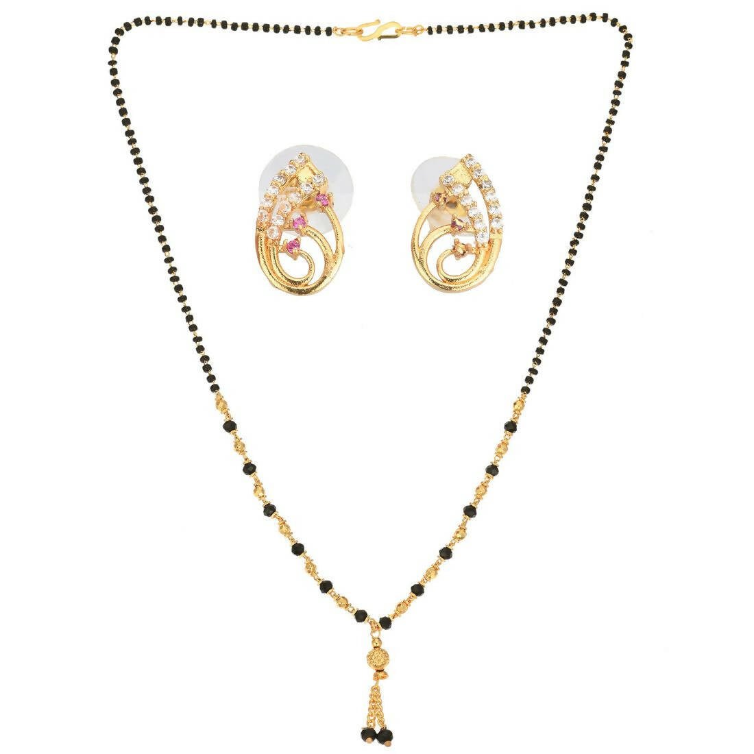 AanyaCentric Gold-Polished Short Mangalsutra Set with Earrings