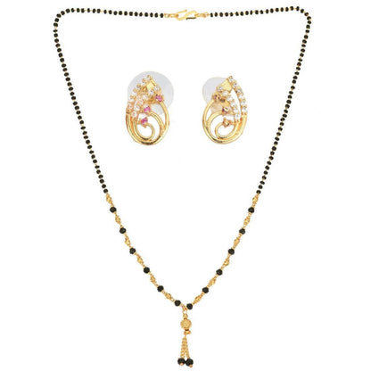 AanyaCentric Gold-Polished Short Mangalsutra Set with Earrings