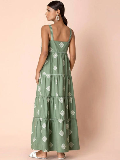 Indya Green Tribal Tiered Maxi Dress