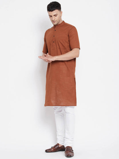 Even Apparels Brown Pure Cotton Men's H/S Kurta With Band Collar