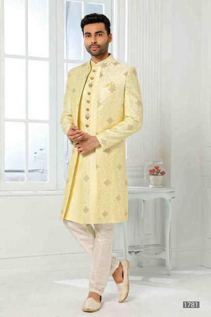 Raivat Ethnic Art Silk Embroidery Work 3 Pcs Indo Jacket Set In Yellow Colour