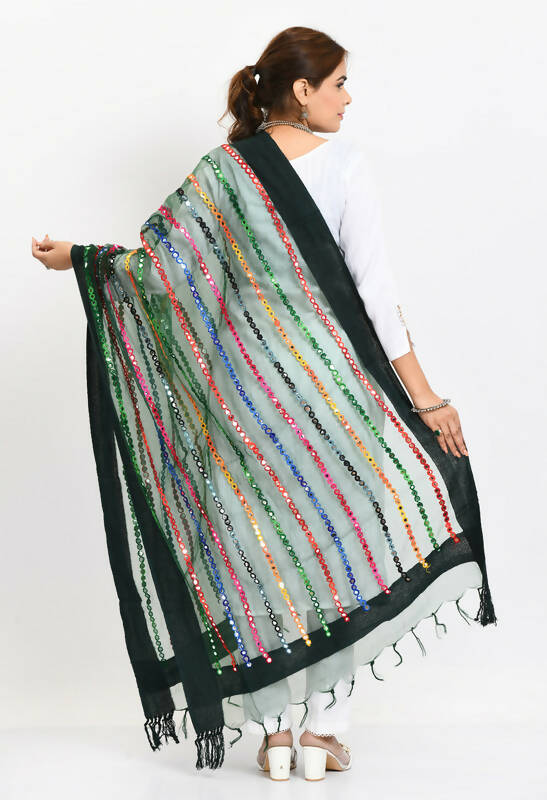Mominos Fashion Moeza Women's Orgenza Multi Thread Mirror Work Bottle Green Dupatta