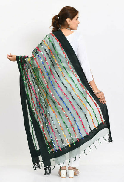 Mominos Fashion Moeza Women's Orgenza Multi Thread Mirror Work Bottle Green Dupatta