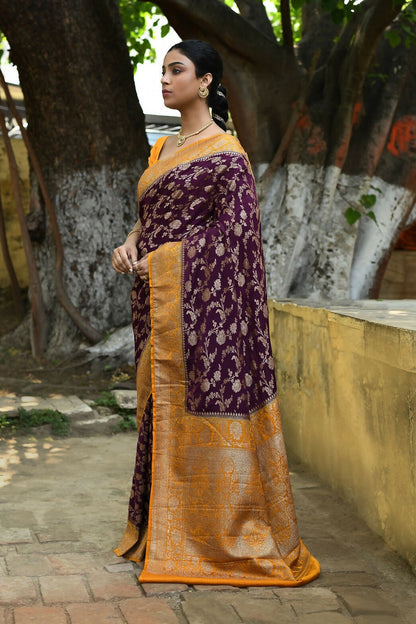 Joban Fashion Purple Crepe Chiffon Pure Handloom Banarasi Silk Saree