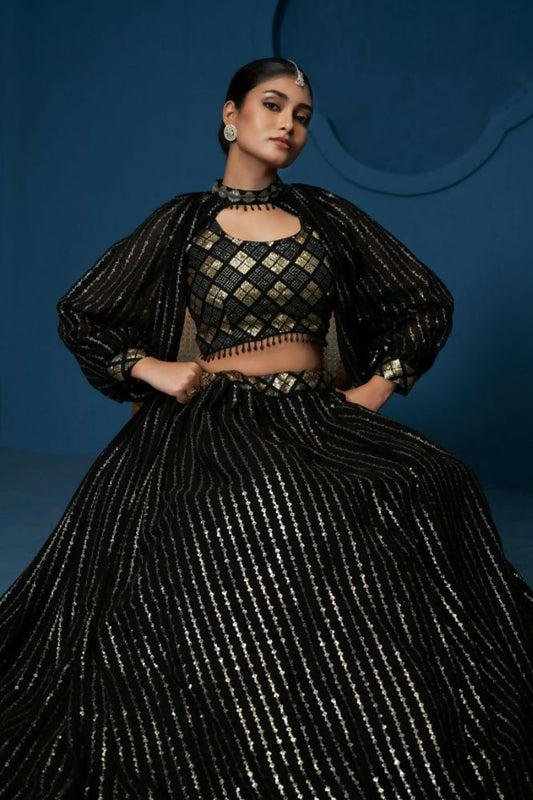 Black Sequence Work Georgette Crop Top Type Full Sleeve Lehenga Choli - Jihu Culture