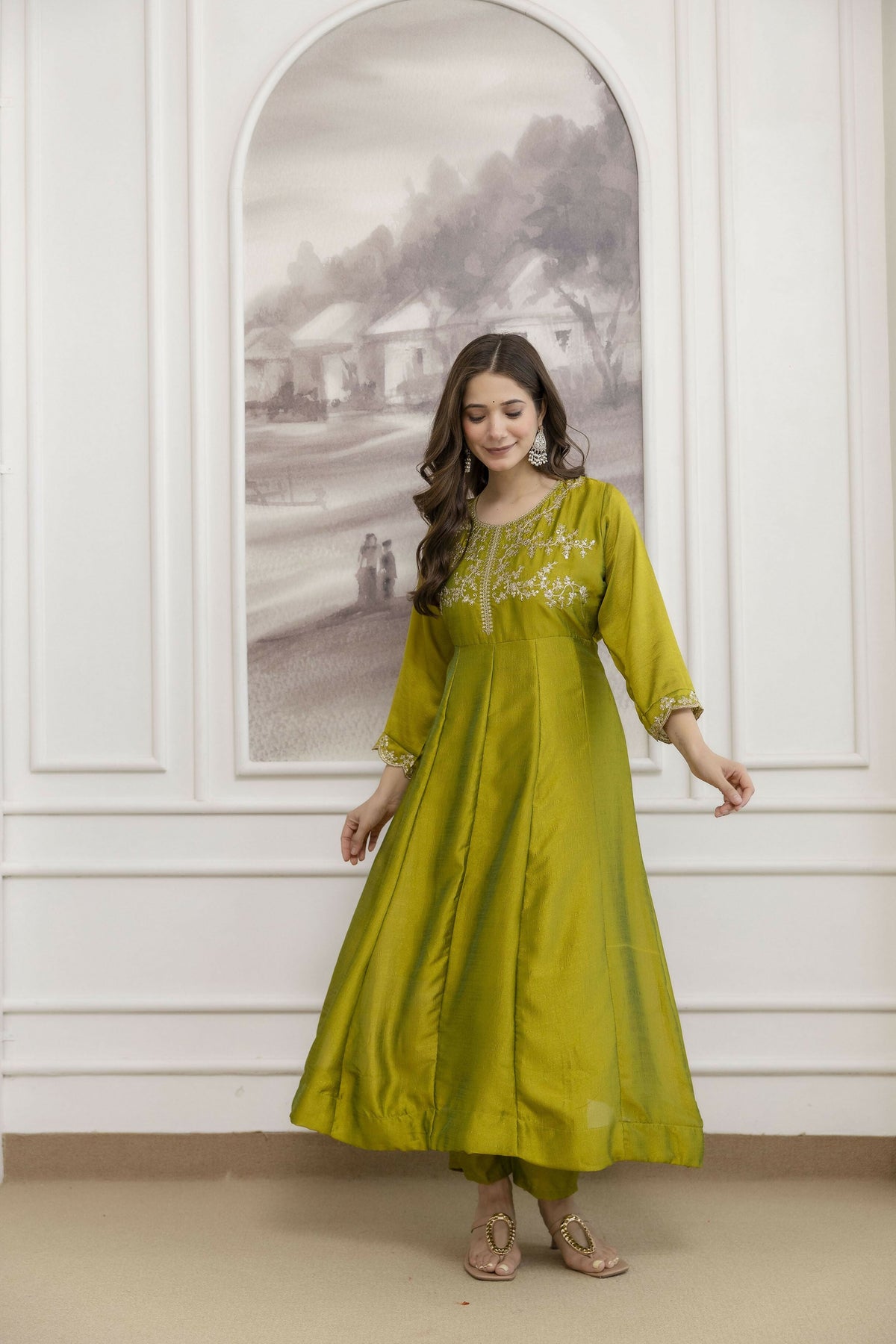 The52 Light Green Women's Beautiful Vichitra Silk Fabric Embroidered Work Flared Anarkali Pant and Dupatta Set