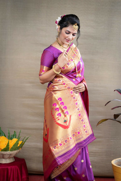 Jyoti Fashion Women's Purple Paithani Silk Zari Woven Saree with Blouse