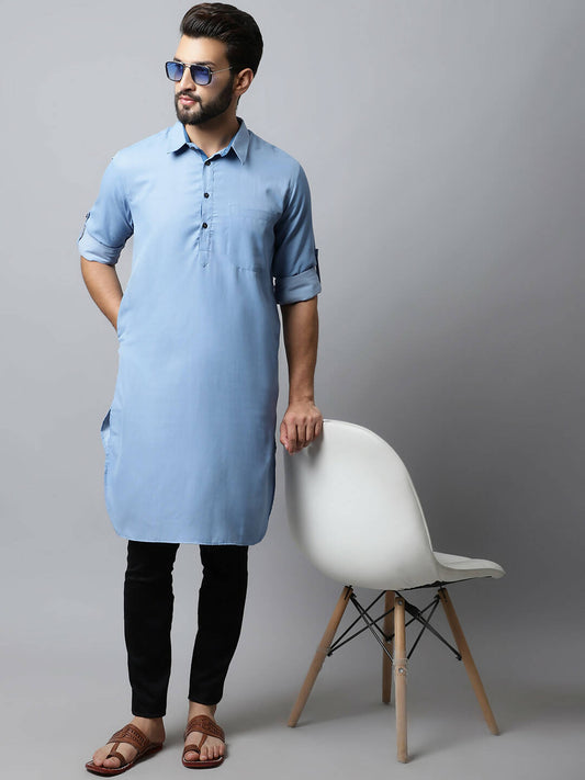 Even Apparels sky Blue Color Pure Cotton Solid Men's Kurta With Shirt Collar (MMS503)