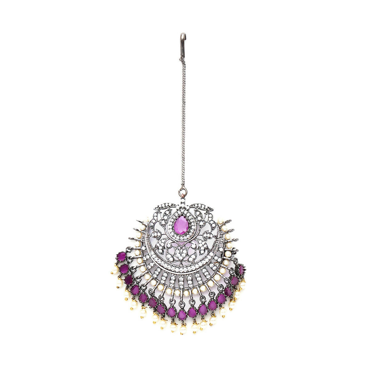Oversized Diamond & Maroon Stone Maang Tikka- Ruby Raang