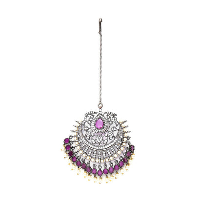 Oversized Diamond & Maroon Stone Maang Tikka- Ruby Raang