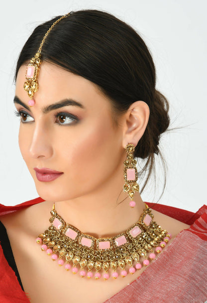 Mominos Fashion Johar Kamal Gold-Polished Brass Finish Kundan/Stone Choker For Women (Baby Pink)