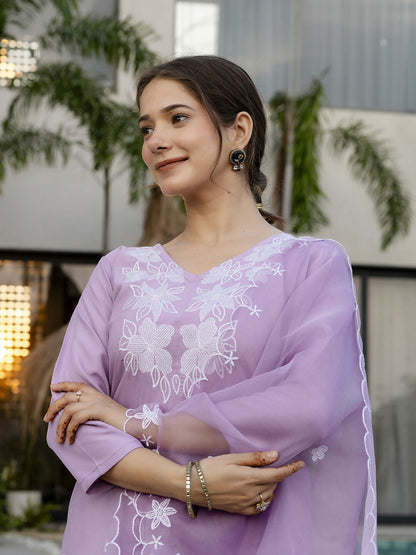 The52 Lavender Women's Beautiful Thread work Rayon Fabric with Straight Kurta, Pant and Dupatta Set
