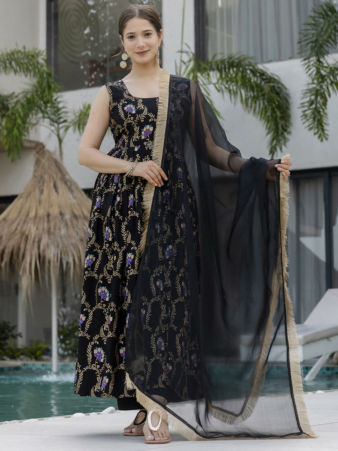 The52 Black Women's Gorgeous Printed Muslin Fabric Flared Kurta Pant and Dupatta Set