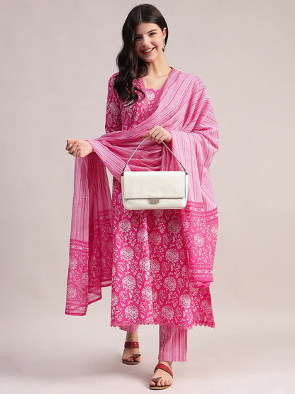 Aavyora Women's Pink Floral Print Cotton A-Line Kurta with Striped Trouser & Dupatta