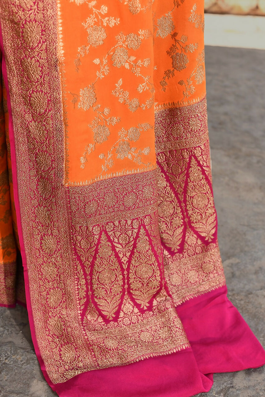 Joban Fashion Orange Crepe Chiffon Pure Handloom Banarasi Silk Saree