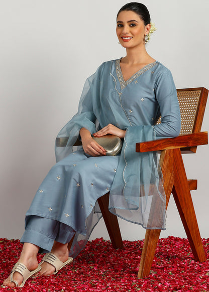 Aavyora Women's Sky Grey Embroidered Kurta Set with Dupatta