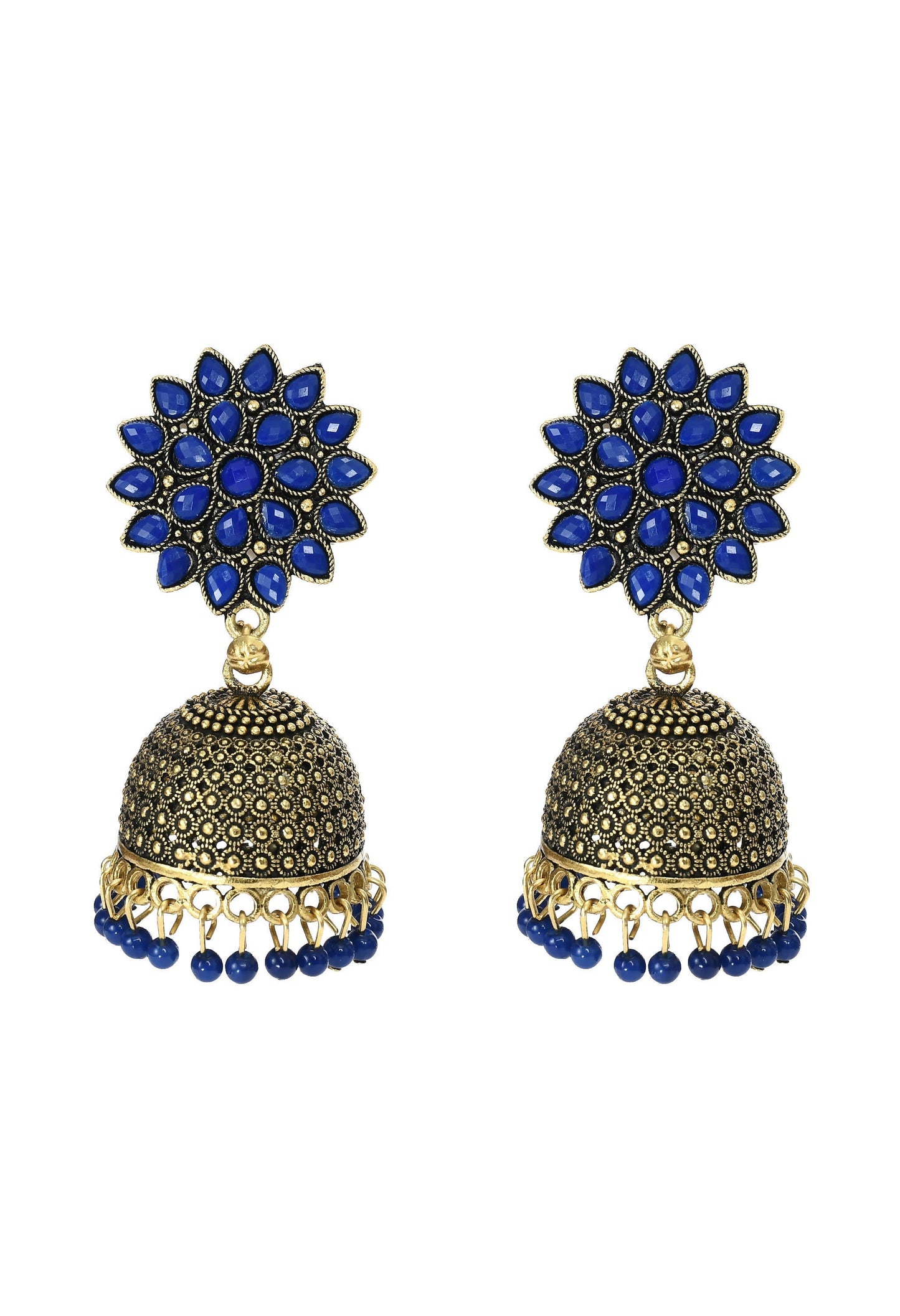 Mominos Fashion Johar Kamal Kundan Work Jhumka With Blue Beads For Women